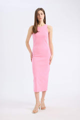 A sleeveless, round neck, ribbed midi dress