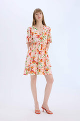 Wrap Collar Floral Butterfly Sleeves Mini Dress