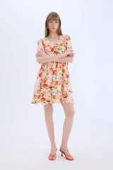 Wrap Collar Floral Butterfly Sleeves Mini Dress