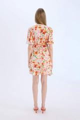 Wrap Collar Floral Butterfly Sleeves Mini Dress