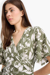 Wrapped Shoulder Floral Linen Short Sleeve Maxi Combination Dress