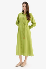 Shirt Collar Belted Linen Blend Long Sleeve Maxi Dress