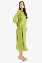 Shirt Collar Belted Linen Blend Long Sleeve Maxi Dress