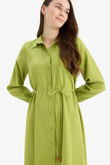 Shirt Collar Belted Linen Blend Long Sleeve Maxi Dress