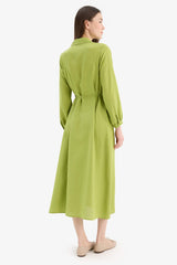 Shirt Collar Belted Linen Blend Long Sleeve Maxi Dress