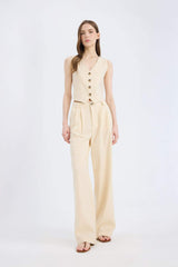 Wide Leg Three Pocket High Waist Linen Blend Trousers