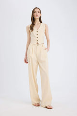 Wide Leg Three Pocket High Waist Linen Blend Trousers