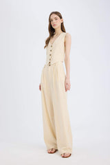 Wide Leg Three Pocket High Waist Linen Blend Trousers