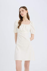 Short Linen A-Line Dress with Square Neckline