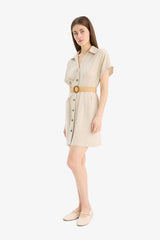 Shirt Collar Belted Linen Blend Mini Dress