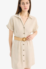 Shirt Collar Belted Linen Blend Mini Dress