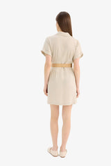 Shirt Collar Belted Linen Blend Mini Dress