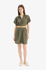 Shirt Collar Belted Linen Blend Mini Dress