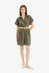 Shirt Collar Belted Linen Blend Mini Dress