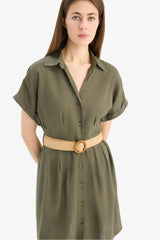 Shirt Collar Belted Linen Blend Mini Dress