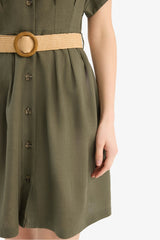 Shirt Collar Belted Linen Blend Mini Dress