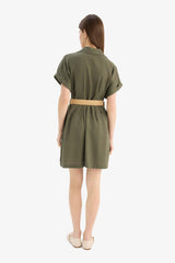 Shirt Collar Belted Linen Blend Mini Dress