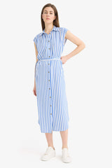 Shirt Collar Striped Sleeveless Maxi Dress