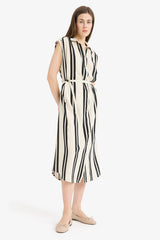 Shirt Collar Striped Sleeveless Maxi Dress