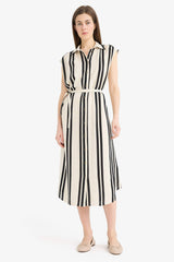 Shirt Collar Striped Sleeveless Maxi Dress