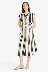 Shirt Collar Striped Sleeveless Maxi Dress
