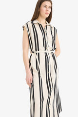 Shirt Collar Striped Sleeveless Maxi Dress