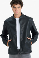 Water-repellent, slim-fit, narrow-cut, stand-collar, zip-up faux leather jacket.