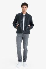 Water-repellent, slim-fit, narrow-cut, stand-collar, zip-up faux leather jacket.