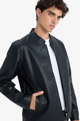 Water-repellent, slim-fit, narrow-cut, stand-collar, zip-up faux leather jacket.