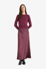 High waisted satin midi length A-line skirt