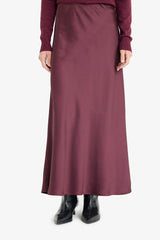 High waisted satin midi length A-line skirt