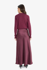 High waisted satin midi length A-line skirt