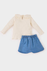 Baby Girl 3-Piece Set Baby Collar Long Sleeve T-Shirt Elastic Waist Jean Shorts Skirt Tights