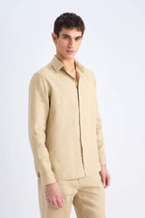 100% Linen Regular Fit Polo Collar Summer Long Sleeve Shirt