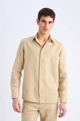 100% Linen Regular Fit Polo Collar Summer Long Sleeve Shirt