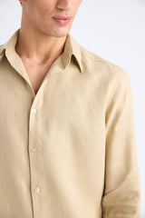 100% Linen Regular Fit Polo Collar Summer Long Sleeve Shirt