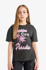 Girl Relax Fit Crew Neck Printed Short Sleeve T-Shirt