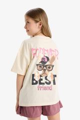 Girl Oversize Wide Pattern Crew Neck Back Printed Short Sleeve T-Shirt