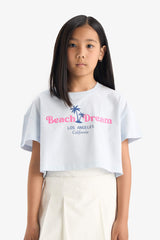 Girls Crop Crew Neck Printed Short Sleeve T-Shirt