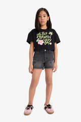 Girls Crop Crew Neck Printed Short Sleeve T-Shirt