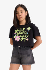 Girls Crop Crew Neck Printed Short Sleeve T-Shirt