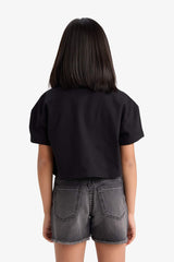 Girls Crop Crew Neck Printed Short Sleeve T-Shirt