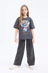 Girls Disney Lilo & Stitch Oversize Wide Pattern Crew Neck Short Sleeve T-Shirt