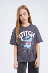 Girls Disney Lilo & Stitch Oversize Wide Pattern Crew Neck Short Sleeve T-Shirt