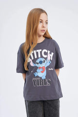 Girls Disney Lilo & Stitch Oversize Wide Pattern Crew Neck Short Sleeve T-Shirt