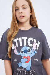 Girls Disney Lilo & Stitch Oversize Wide Pattern Crew Neck Short Sleeve T-Shirt