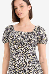 Coool Square Neck Floral Patterned Viscose Short Sleeve Mini Dress