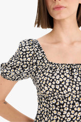 Coool Square Neck Floral Patterned Viscose Short Sleeve Mini Dress