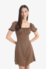 Coool Square Neck Floral Patterned Viscose Short Sleeve Mini Dress