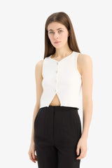 Regular Fit Crew Neck White Knitted Vest